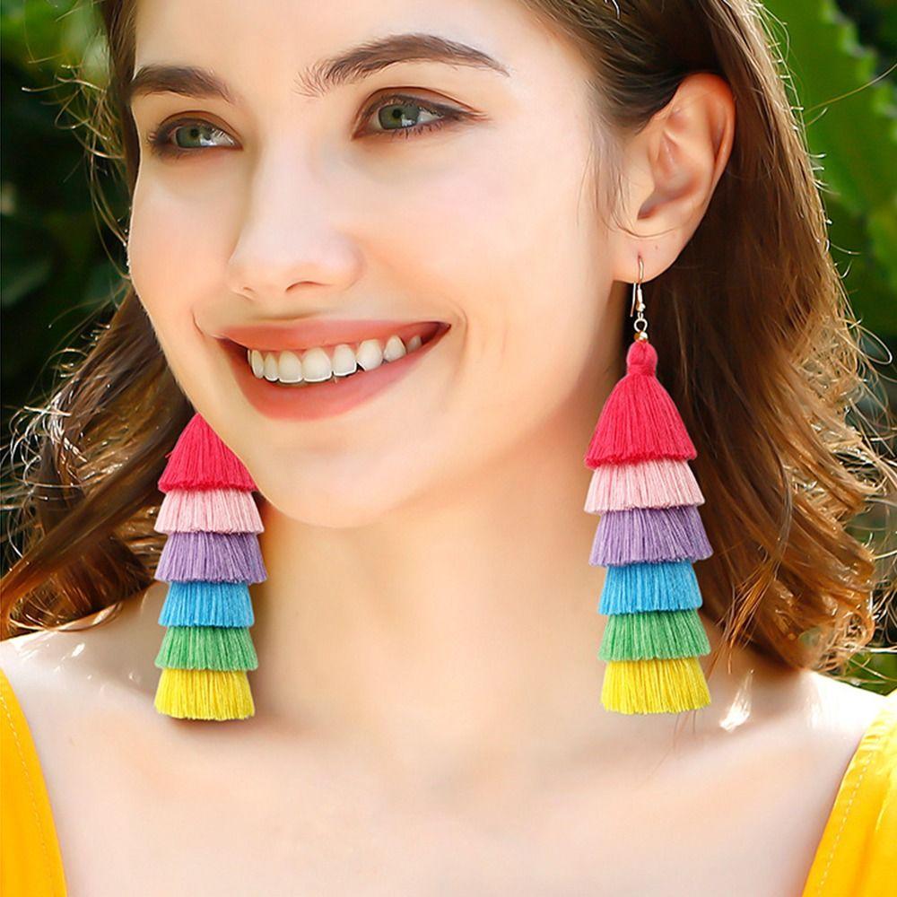 Rainbow Layered Long Drop Dangle Earrings Lightweight Trendy Pride Jewelry  Gift