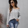 Women Thick Twisted Knit V Neck Hooded Loose Pullover Sweater