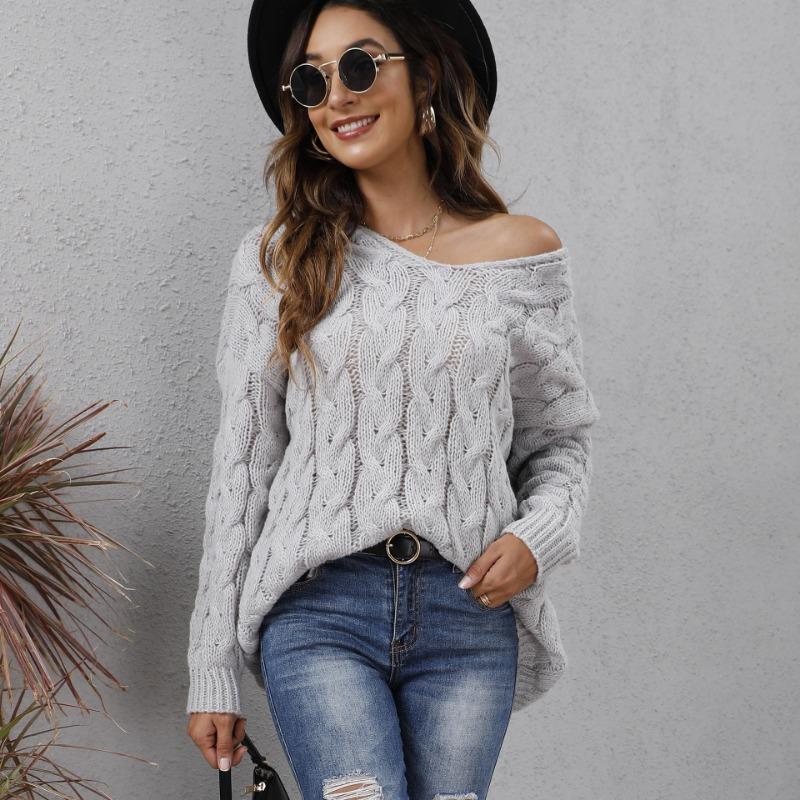 Women Thick Twisted Knit V Neck Hooded Loose Pullover Sweater