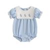 Baby Girl Easter Romper Short Sleeve Round Neck Bunny Embroidery Bodysuit Newborn Outfit