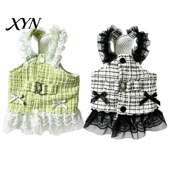 Spring Dog Clothing Sleeveless Tweed Dress, Ruffled Pet Dress with Lace Breathable Mesh Apparel Trim, Cute Summer Harness for Small Dogs Stylish
