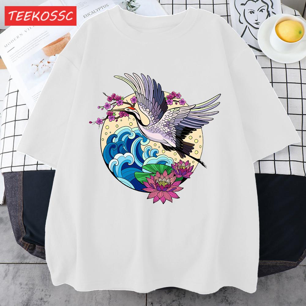 Cranes Enjoy Blooming Flowers Men T Shirts Vintage Fashion Soft Short Sleeve Summer Comfortable TShirt Unisex Cotton Loose Top