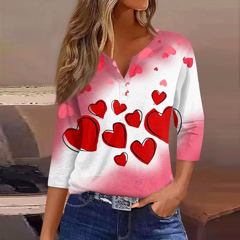 Жен. Футболка Футболка С принтом Пуговицы Рукав 3/4Ежедневно Выходные Мода Классический Топ с v-образным вырезом Обычный