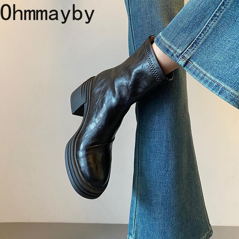 Designer Women Stretch Modern Ankle Boots Fashion Thick Heel Shoes Concise Short Botas De Mujer