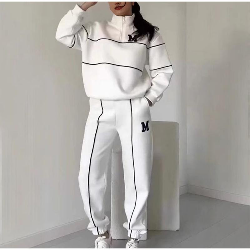 Женская толстовка с длинными рукавами и воротником-стойкой, повседневный спортивный костюм из двух предметов с буквенным принтом, свободный спортивный женский наряд на весну и осень