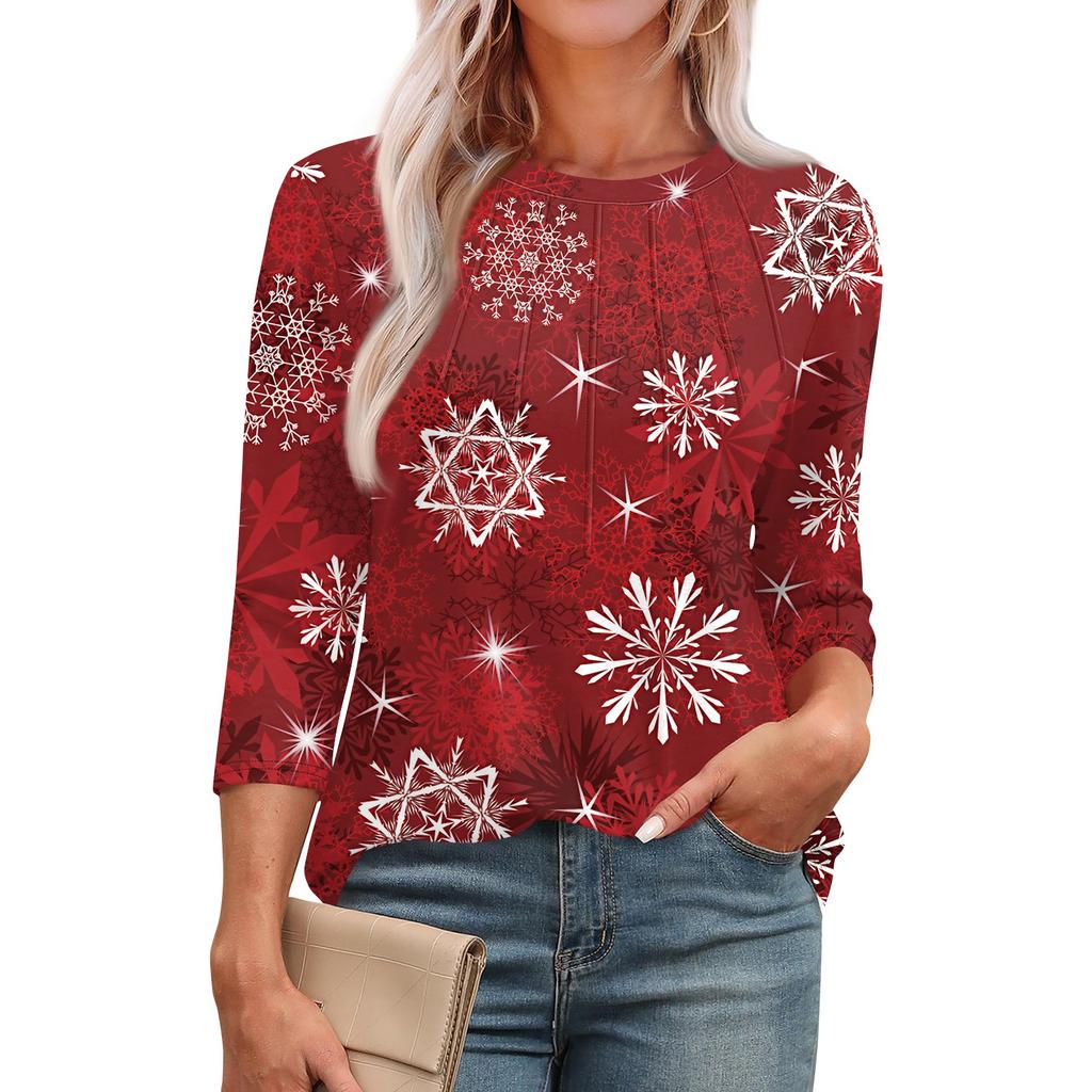 Женская модная футболка с круглым вырезом и рукавом 3/4 с принтом, повседневная, базовая, плиссированная, пуловер