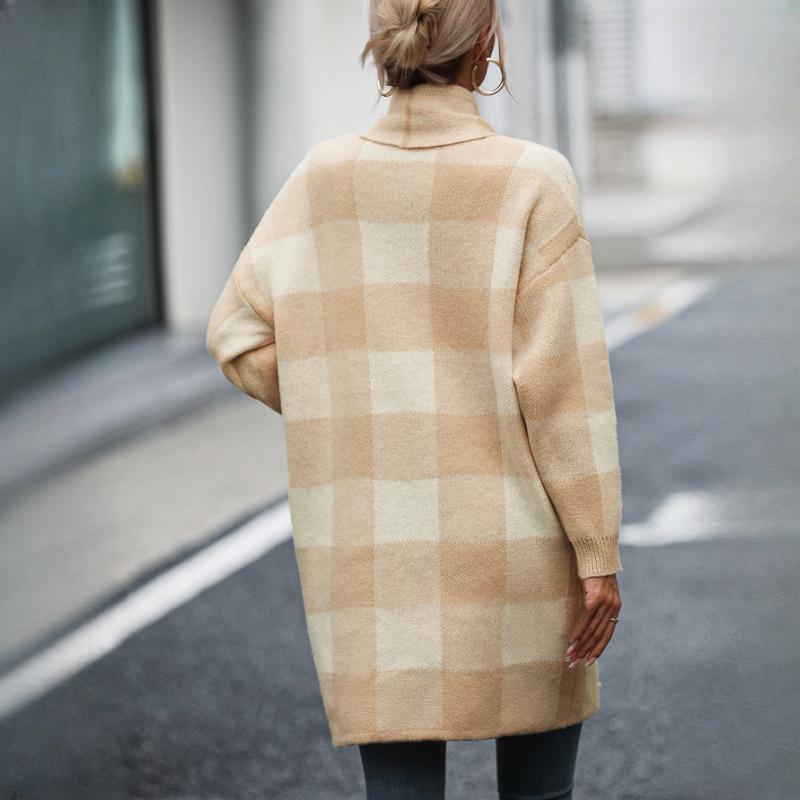 IHUASU Women's Jacket Loose Plaid Colour Block Knit Cardigan Fashion Sweater