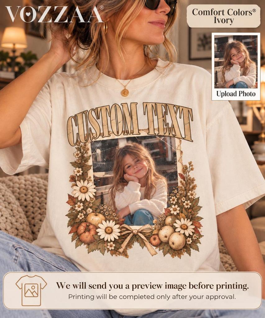 Custom Photo T-Shirt, Vintage Floral Frame, Personalized Text (Adult, Youth, Toddler)