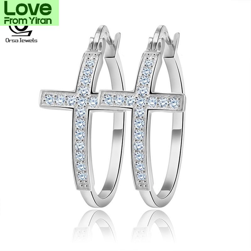 Серьги-кольца серебряного цвета Orsa Jewels для женщин, большие серьги-кольца с крестообразным креплением, блестящие австрийские кристаллы, модные ювелирные серьги Oe142