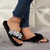 Fashion Clip-Toe Flip-Flops Fall Winter New Round Toe Plush Crystal Flower Non-Slip Wear-Resistant Flat Cotton Slippers