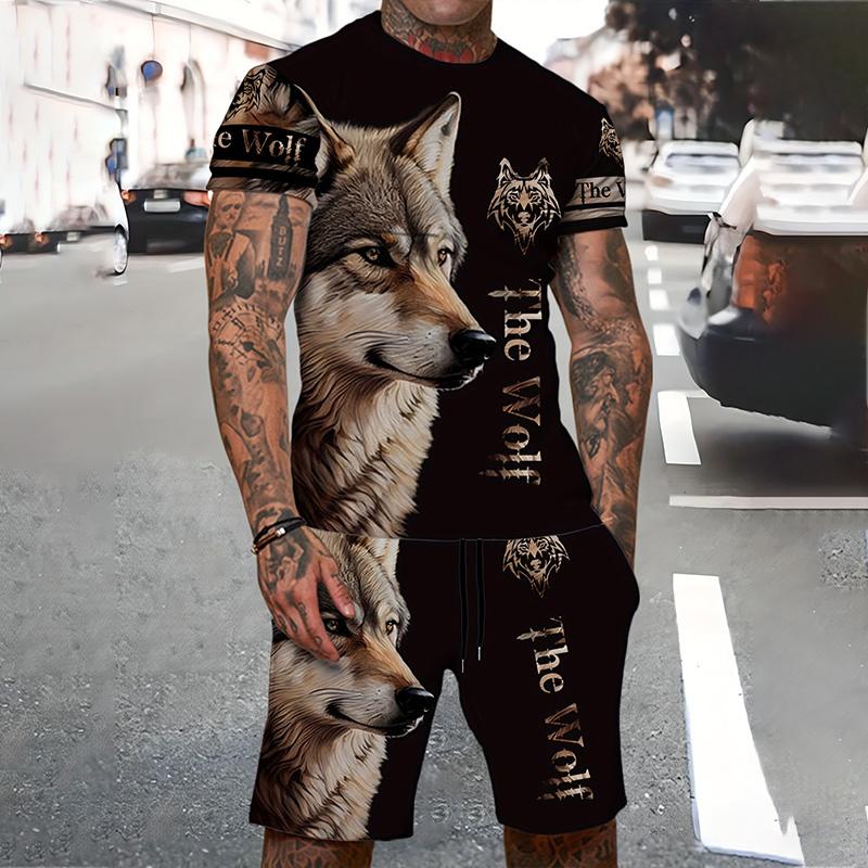 Мужской костюм, летний повседневный дышащий освежающий костюм с принтом 3D волка, свободный мужской топ, модный, короткие рукава