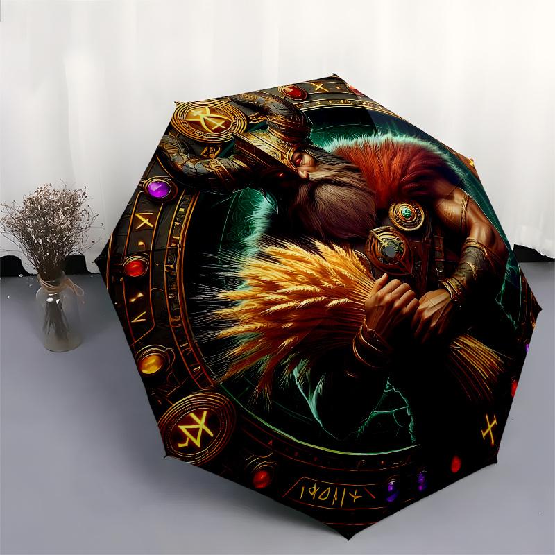 Viking Warrior Wall Art Decor, Norse Mythology Poster with Shield and Sword Umbrella, Cute Umbrella with Cute Design, Portable 3-Fold Compact Umbrella