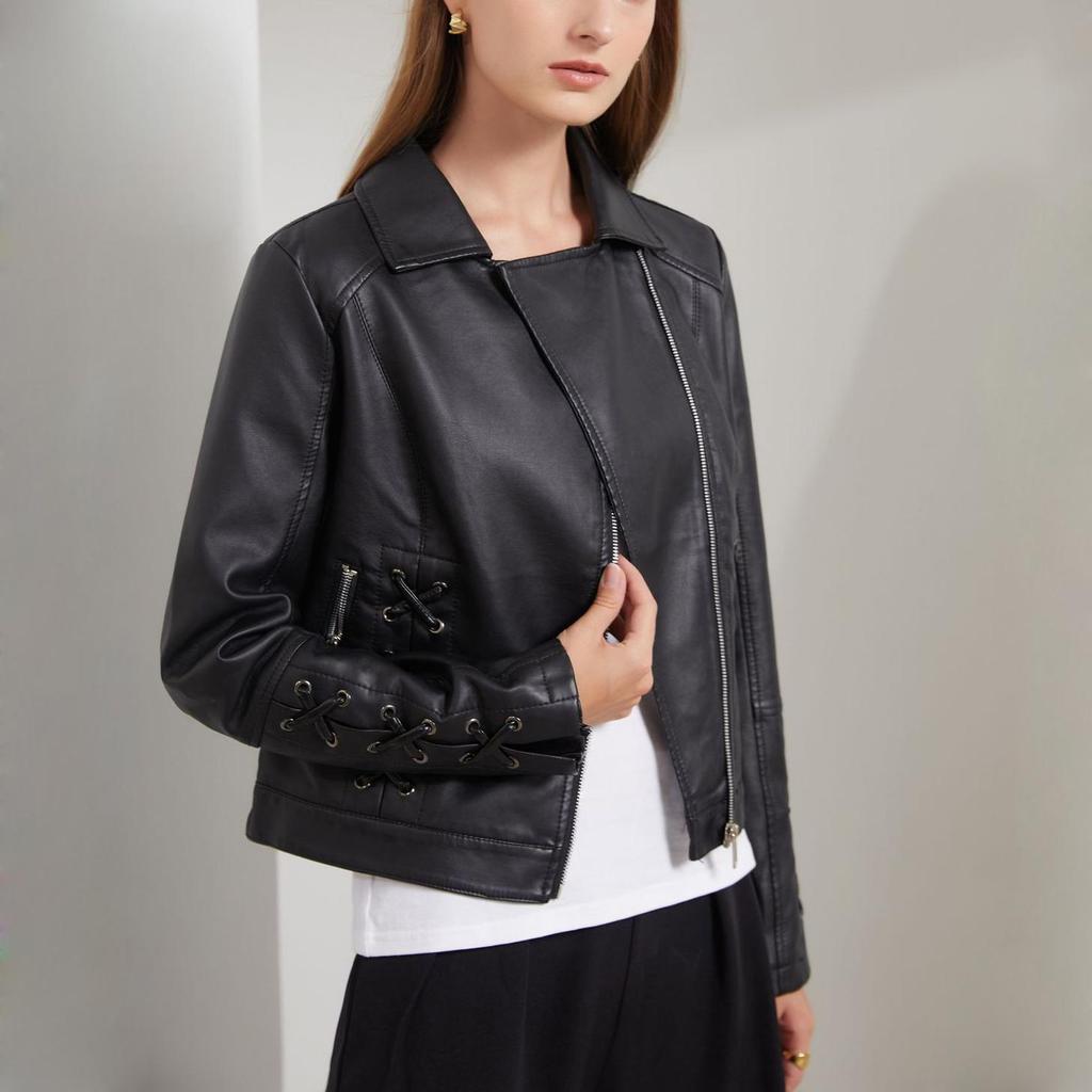 Женская асимметричная укороченная куртка из искусственной кожи на молнии из искусственной кожи, байкерское короткое пальто, тонкая верхняя одежда, винтажная укороченная куртка со шнуровкой, мотоциклетный бомбер, осень-весна, новинка