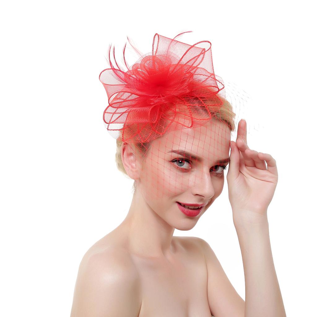 Женщины цветок сетки ленты перья повязка на голову коктейль чаепитие шляпа головные уборы