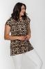 Женская блузка большого размера с круглым вырезом и леопардовым узором, блузка с короткими рукавами и разрезом, коричневая