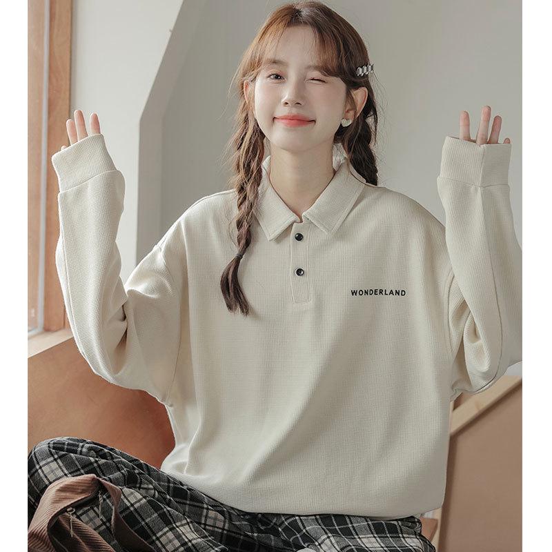 Ретро Толстовка-поло свободного кроя - Повседневный топ с длинным рукавом