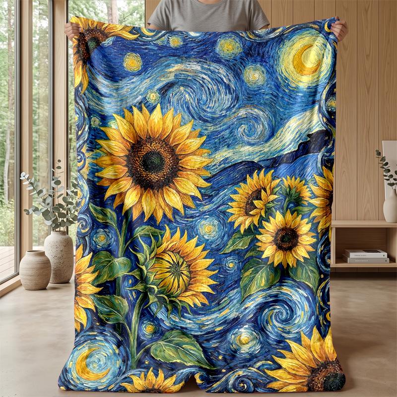 Sunflower Starry Night Theme blanket Lightweight Warm Flannel Blanket Decorative Throw Blanket for Home Decoration