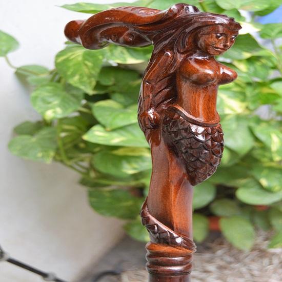 Mermaid Wooden Carved Walking Stick Cane Handmade Wood Crafted Comfortable Handle Hand Carved Cane Ergonomic Handle for Comfort