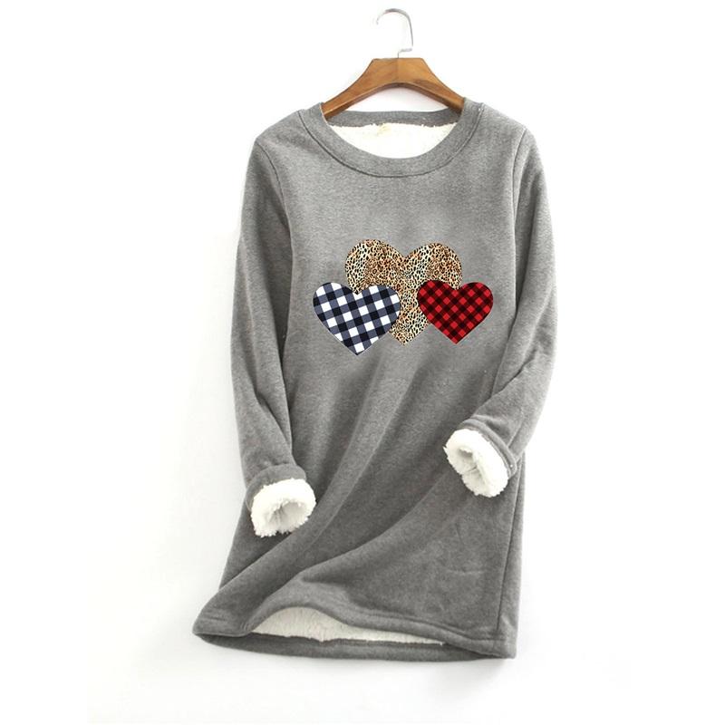 Women Crew Neck Long Sleeve Sweatshirt Plaid Leopard Heart Print Casual Loose Warm Pullover Tops