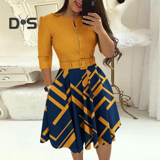 Ladies Dress Zipper Decor Belted Tight Waist Color Matching Print Round Neck Pockets Three Quarter Sleeve A Line Loose Hem Spring Fall Mini Dress