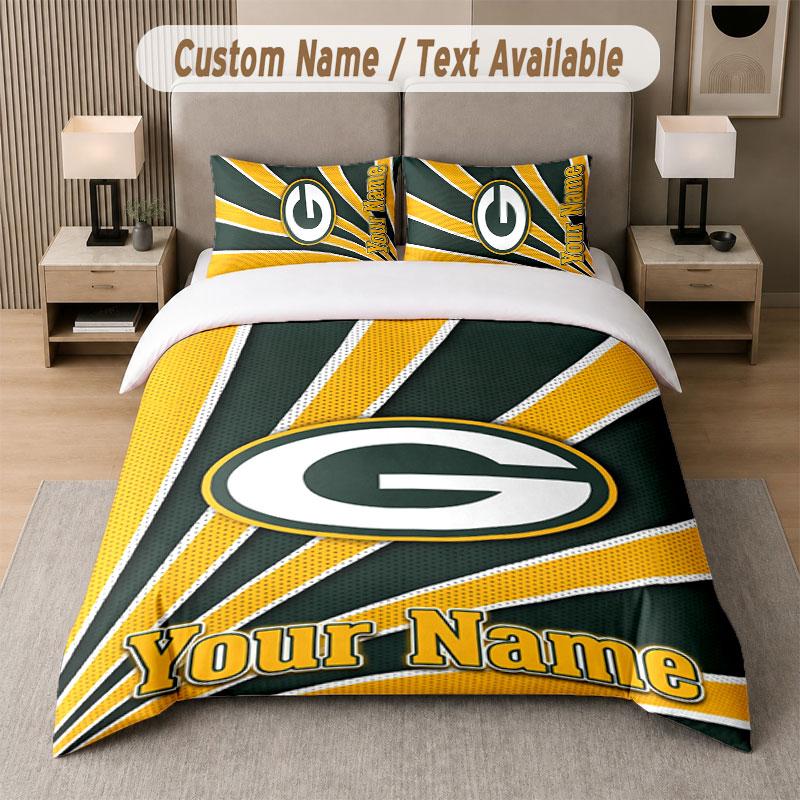 Custom Bedding Set Green Bay Packers Pattern, Print Name Text 1 Duvet Cover plus 2 Pillowcases Home Textile