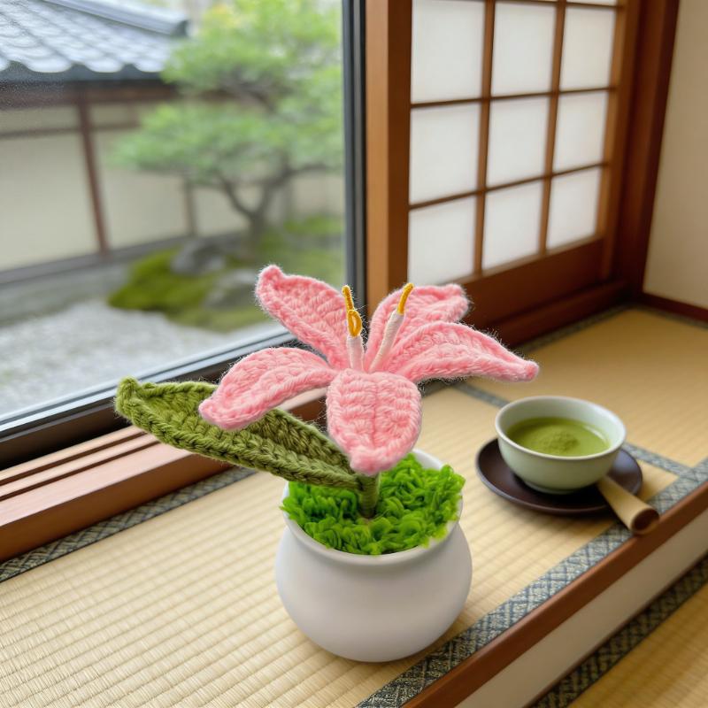 Handmade Crochet Lily Potted Plant, Knitted Pink Lily Flower in Mini Pot, Desk Decor, Unique Gift for Mom, Home Office Ornament
