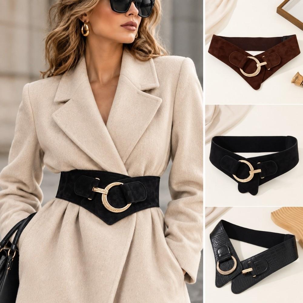 PU Leather Suede Belt Adjustable Wide Waistband Retro Elastic Cummerbunds Ladies