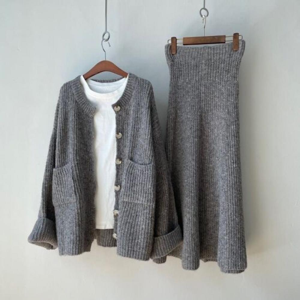 Mizqz Loose Fit Rib Wool Knit Cardigan + Banding Long Skirt