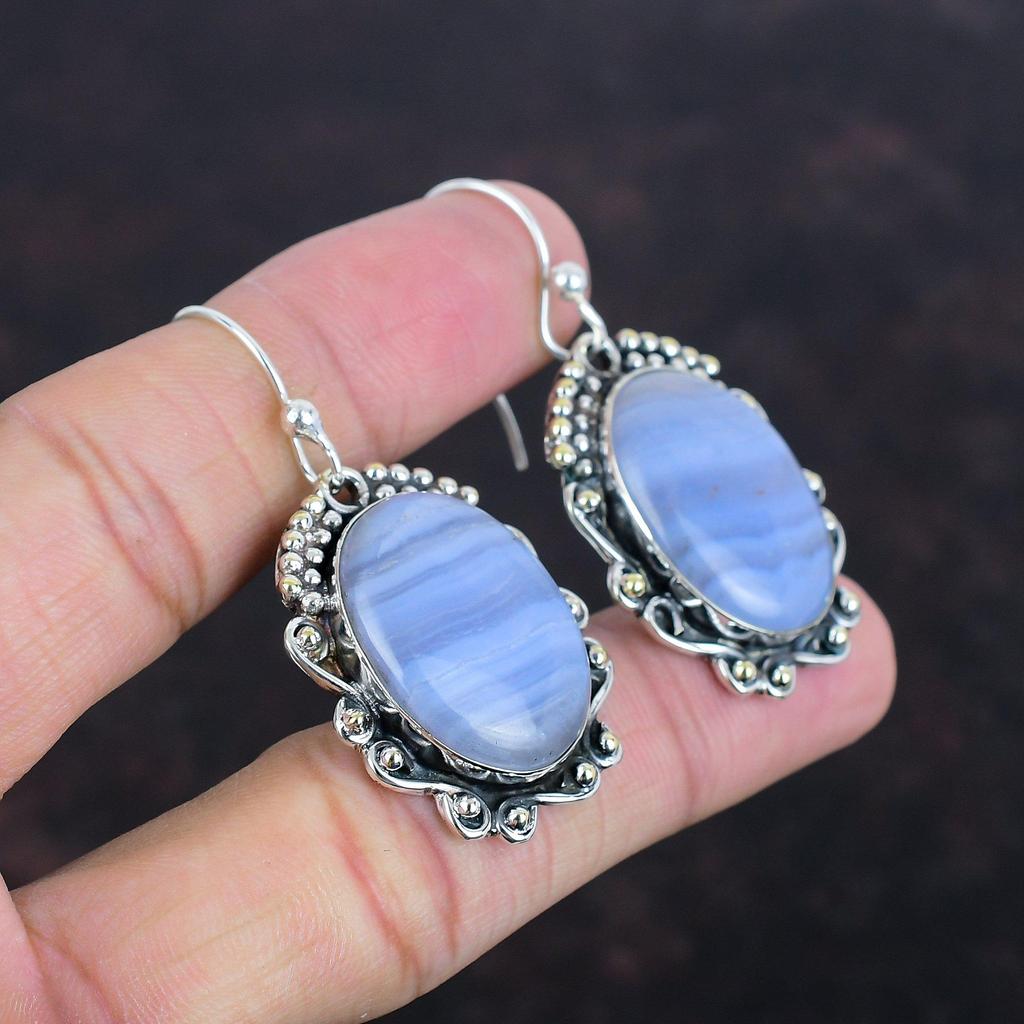 Blue Lace Agate Earrings Natural Gemstone Earring 925 Sterling Silver Earrings Handmade Jewelry Dangle Earring Wedding Gifts Amazing Earring