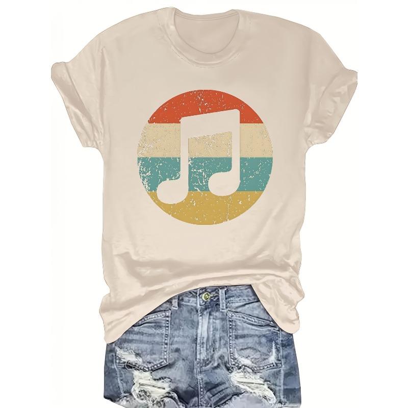 Women's Music Note & Rest Signature T-Shirt Casual Round Neck Short Sleeve Top Non-Transparent Fabric Suitable for Festivals Concerts