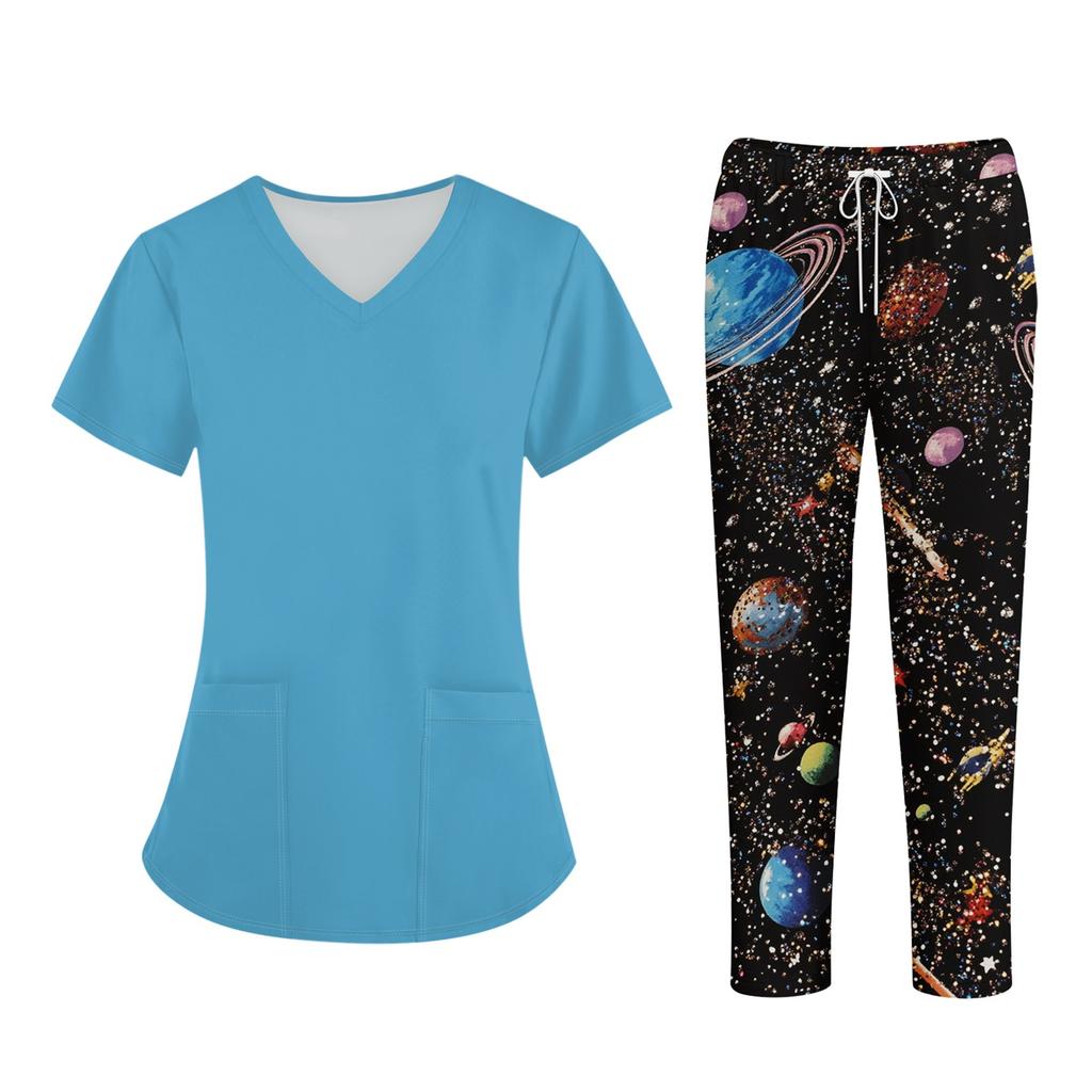 Plus SizePrinted Scrub Working Uniform Tops For Women's Cross V-Neck Halloween Print Short Sleeve Fun T-Shirts Workwear Tee With Pockets