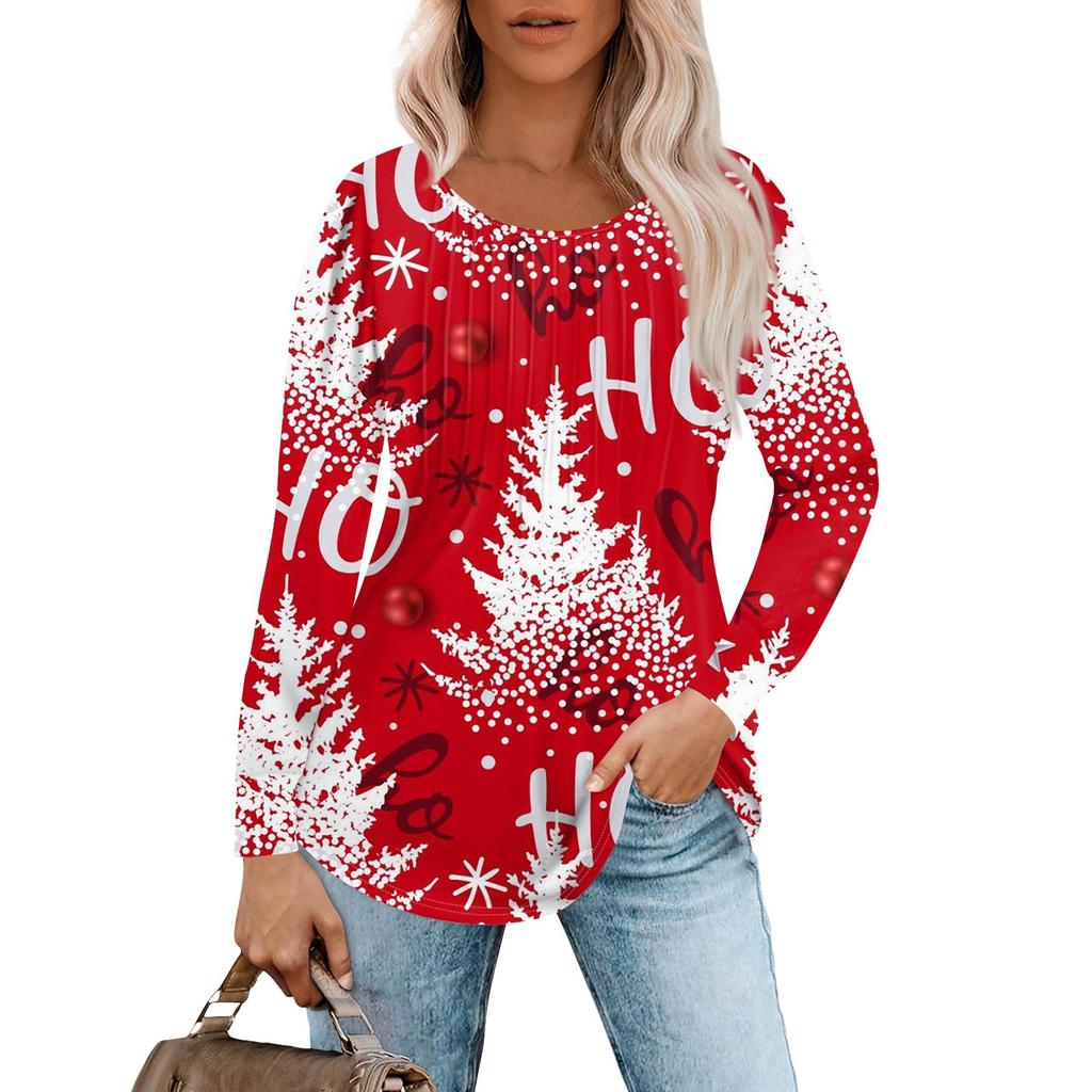 Женская повседневная футболка с круглым вырезом и длинными рукавами с рождественским принтом и складками