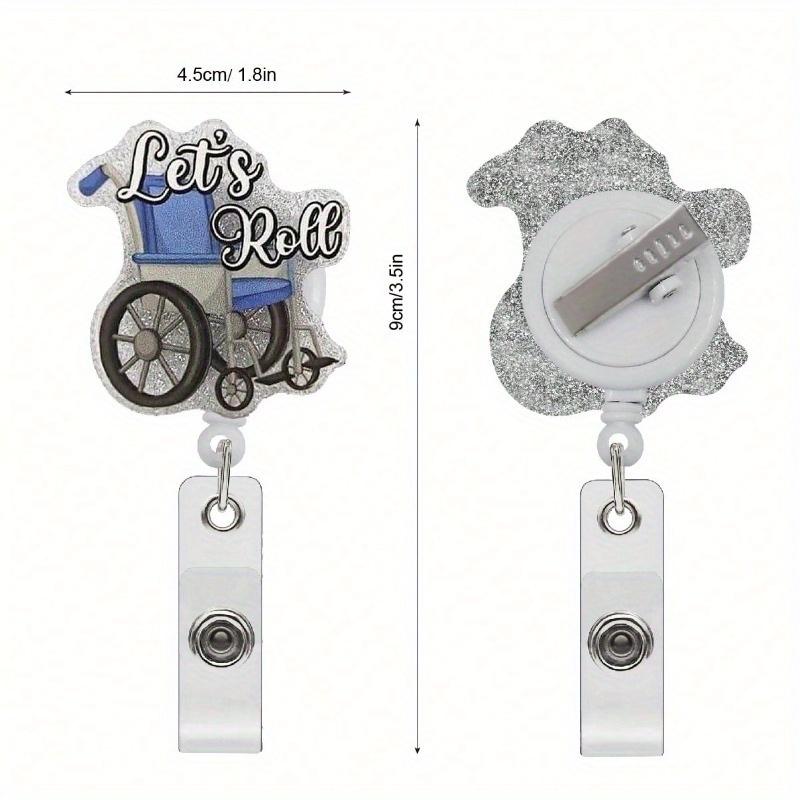 Выдвижной бейдж-ролик медсестры с зажимом-аллигатором Let's Roll Держатель для бейджа/ID-карты для транспортировки пациентов Забавный бейдж с серебристыми блестками с инвалидной коляской