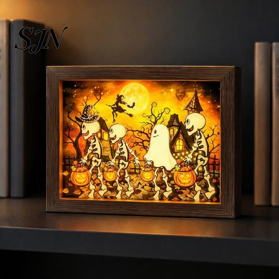 Decorative Desktop Night Lights Ghost Photo Frame Lamp, Halloween Lighted Shadow Box, Unique Skeleton Gift Ideas Gothic Table Centerpiece for Bedroom