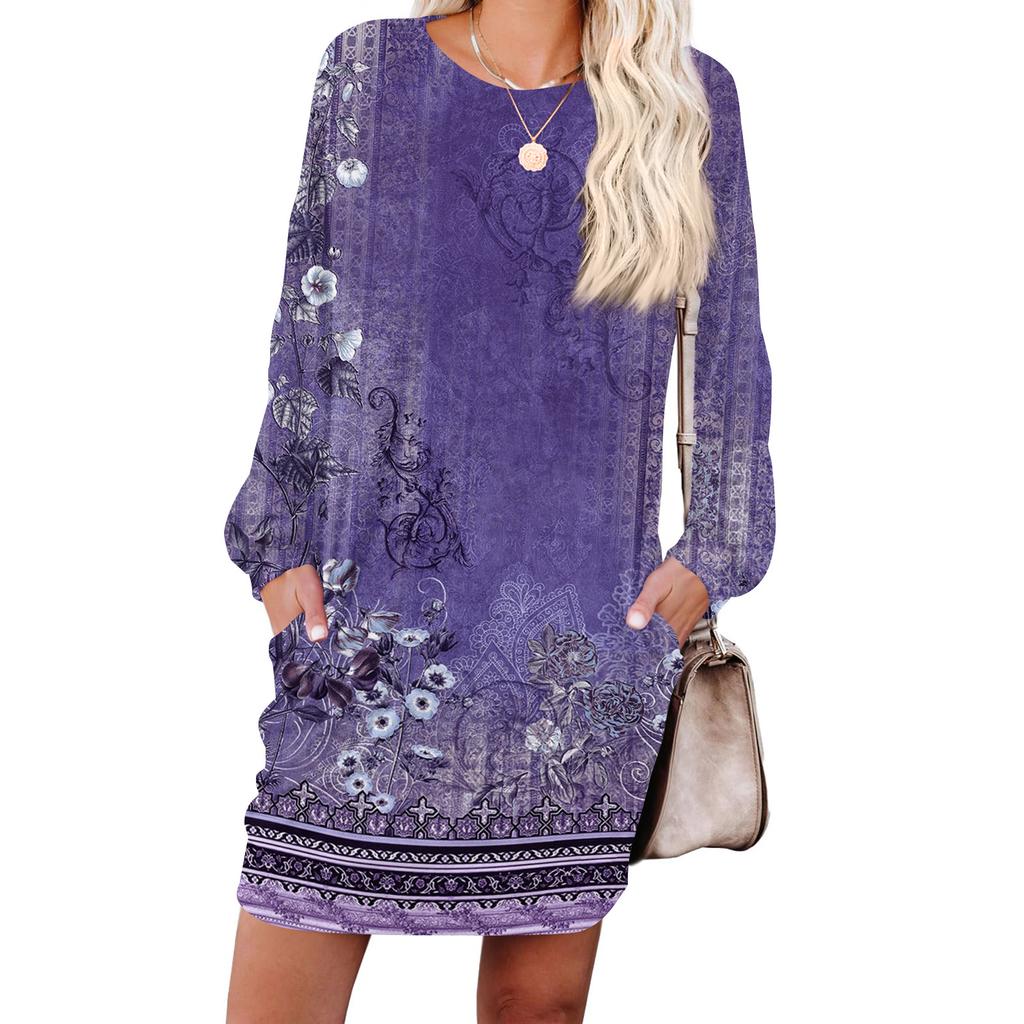 Женское модное платье с ретро-принтом, с длинным рукавом, круглым вырезом и карманом