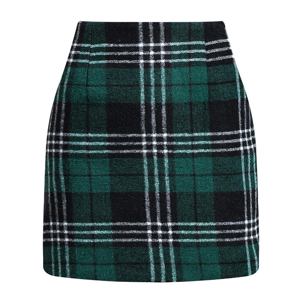Women's, High Waisted, Plaid Skirt, Tight Fitting, Pencil, Wool, Mini Skirt