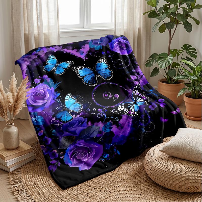 Purple Heart with Blue Butterflies Theme blanket Lightweight Warm Flannel Blanket Decorative Throw Blanket for Home Decoration