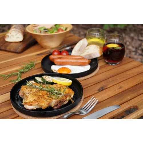 Ikenaga Iron Works Stackable Steak Plate/Grill Pan, Round, 13cm, for Gas Stoves Only, Natural Wood with Wooden Stand, P1005