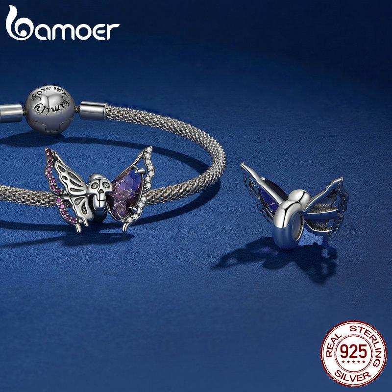 BAMOER Стерлингового Серебра 925 пробы Скелет Сердце и Бабочка Шарм Бусины Череп Бабочка Силиконовый Подвеска для Женщин Браслет DIY Ювелирные Изделия
