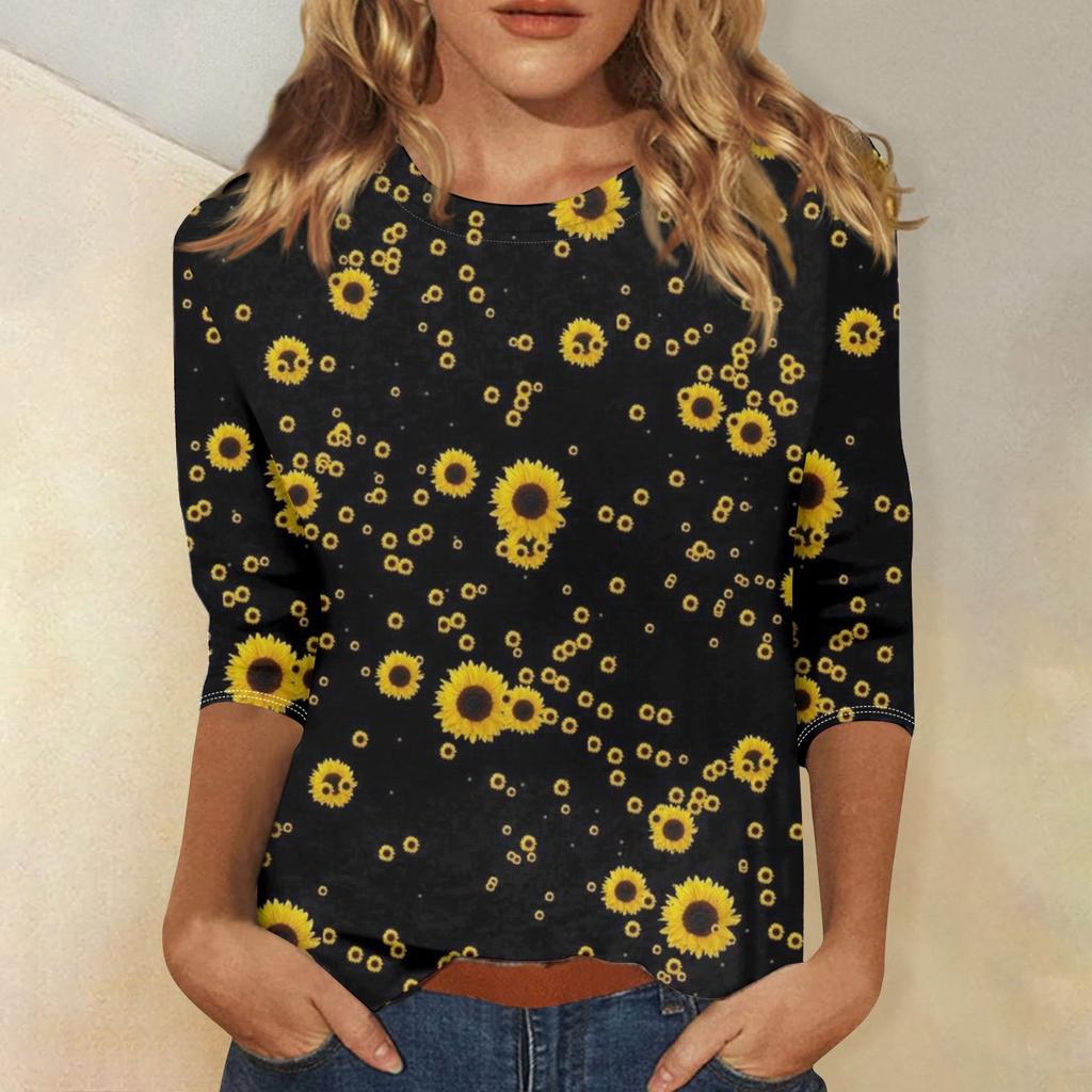 Женская мода повседневная футболка с круглым вырезом и рукавом три четверти с принтом, летняя одежда для женщин, корейская популярная одежда