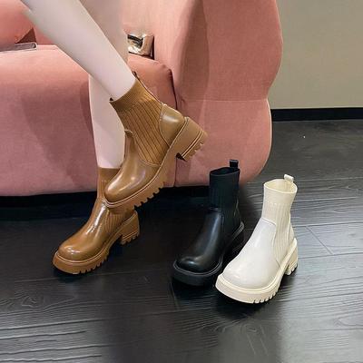 Осень-зима Большие размеры женские ПУ вязаные носки сапоги удобные теплые круглые бисквитные ботинки Martin на толстой подошве 35-42