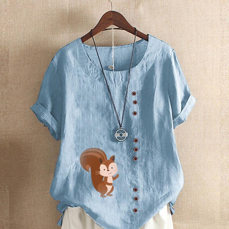 Women's Fashion Squirrel Prined Round Neck Short Sleeve T-shirt Casual Cotton Linen Graphic Shirt Leisure Loose Summer Blouse Tops