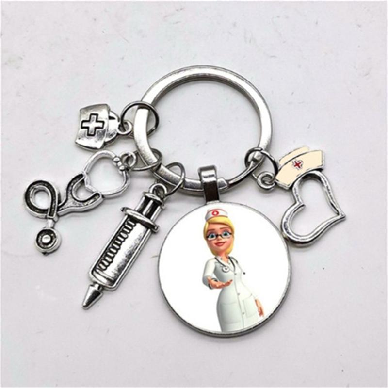 1Pc Nurse Medical Syringe Keychain Glass Key Ring Pendant Stethoscope Pattern Keychain Gift