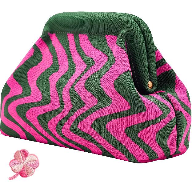 Woven Clutch Purses for Women, Summer Beach Crochet Striped Dumpling Bag Evening Handbag with Romantic Lucky Clover