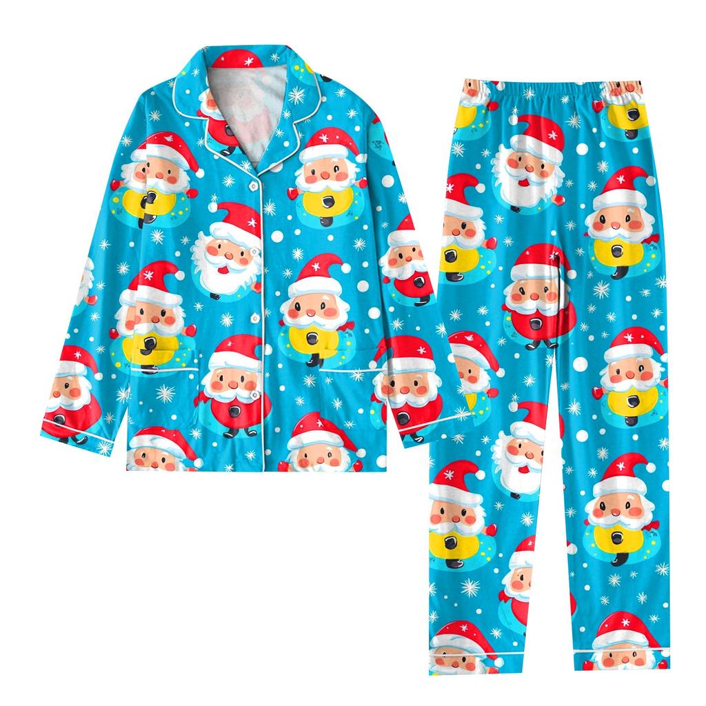 Детский рождественский костюм из 2 предметов с принтом, топ с длинными рукавами и застежкой на пуговицы, широкие брюки, комплект пижамы, домашний повседневный костюм