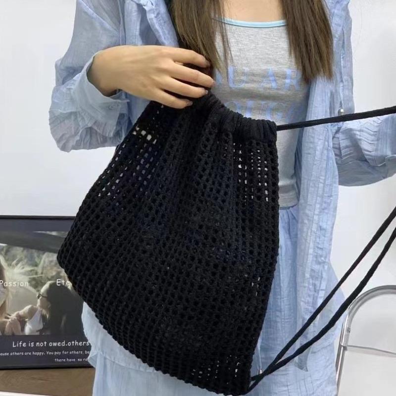 Simple Woven Mesh Pocket Drawstring Backpack Fashionable Versatile Shoulder Bag Large Capacity Messenger Bag Tote Bag