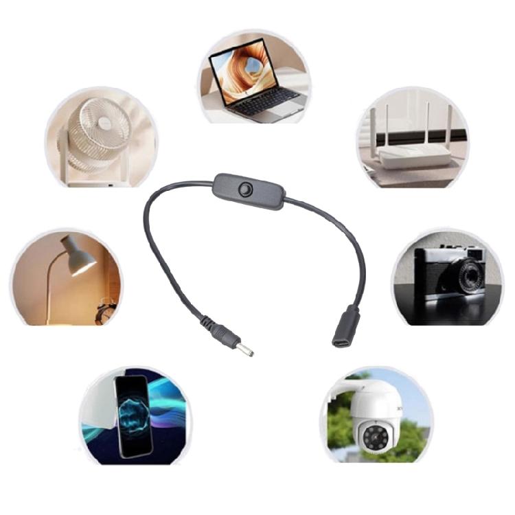 Адаптер-удлинитель питания Type C Female на 5.5x2.1mm Male, зарядный кабель с переключателем для камеры, светодиодного освещения