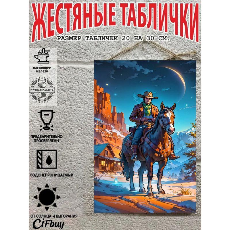 Металлическая жестяная табличка "Ковбой на лошади" 20x30 см Рустикальный декор стен