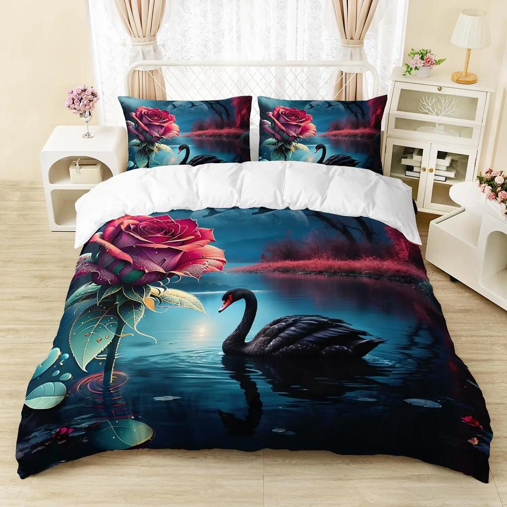 3D White Swan Bedding Set Red Floral Rose Printed Duvet Cover Set Cute Animal Super Soft Polyester Covers Gift For Lover