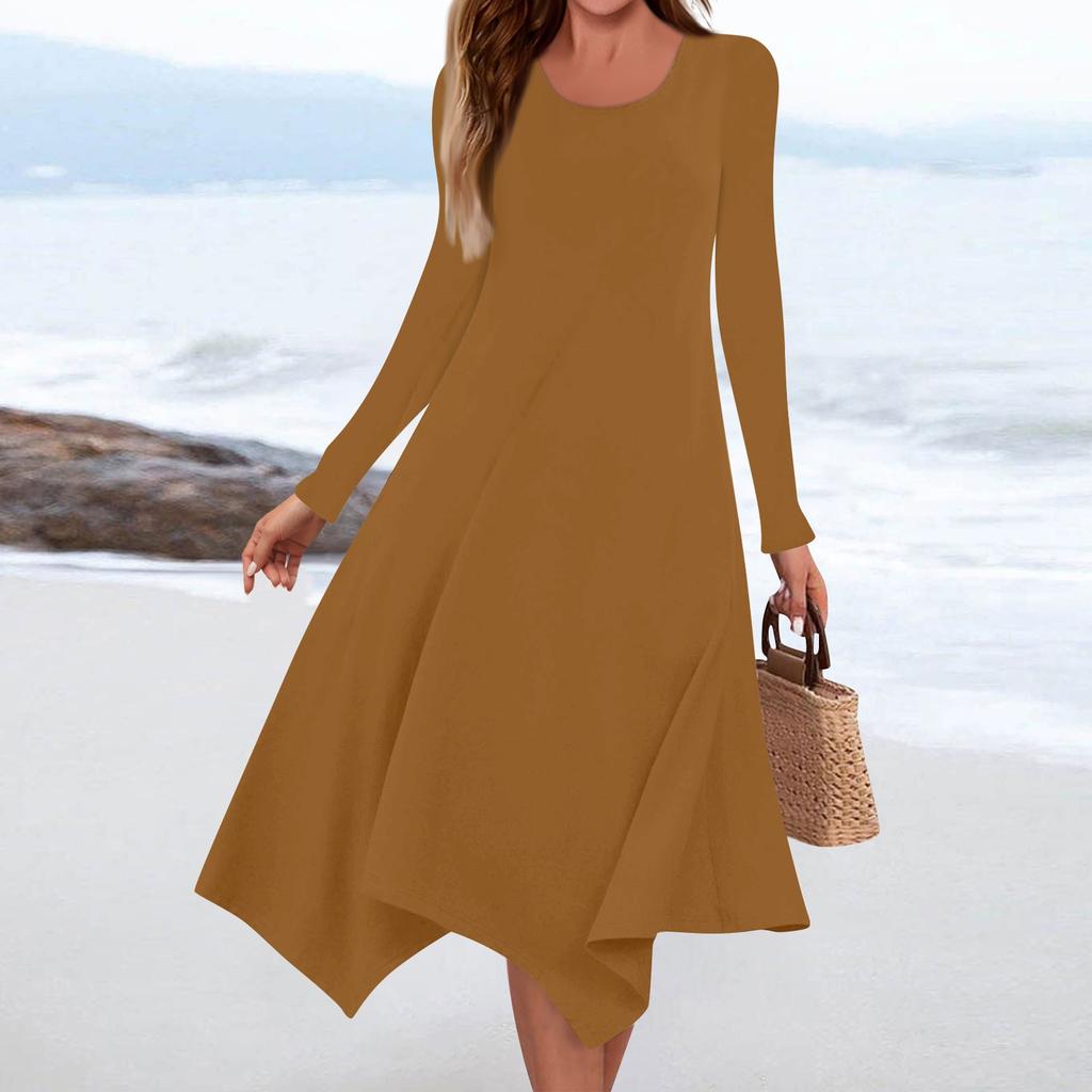 Women's Casual Fashion Round Neck Long Sleeve Solid Color Irregular Hem Midi Dress